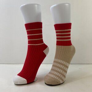 Womens Crew Socks Set 2 Stripes Textured Red Beige White
